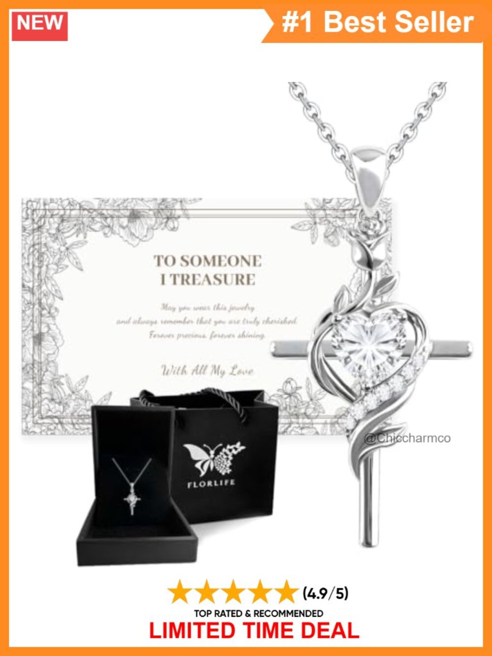 S925 Sterling Silver Cross Necklace 18K White Gold Plated CZ Pendant